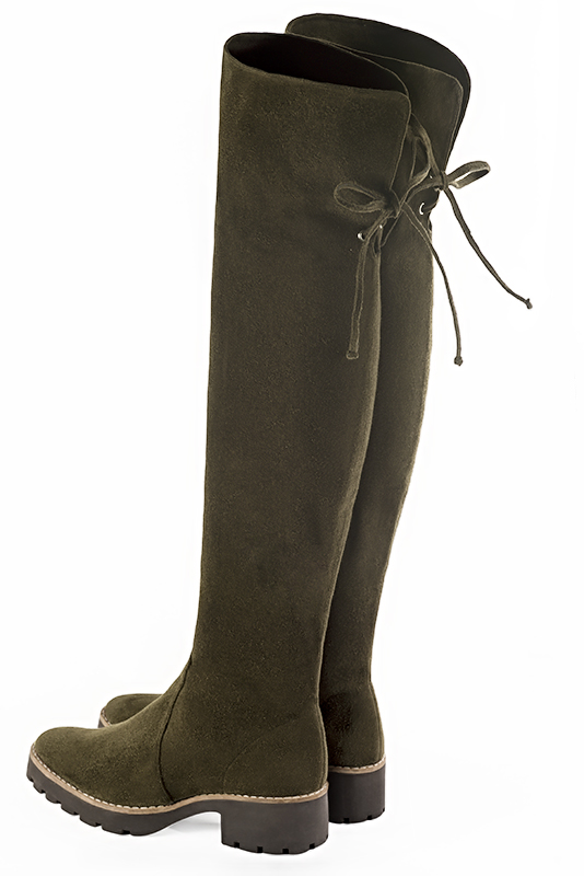 Khaki green women's leather thigh-high boots. Round toe. Low rubber soles. Made to measure. Rear view - Florence KOOIJMAN